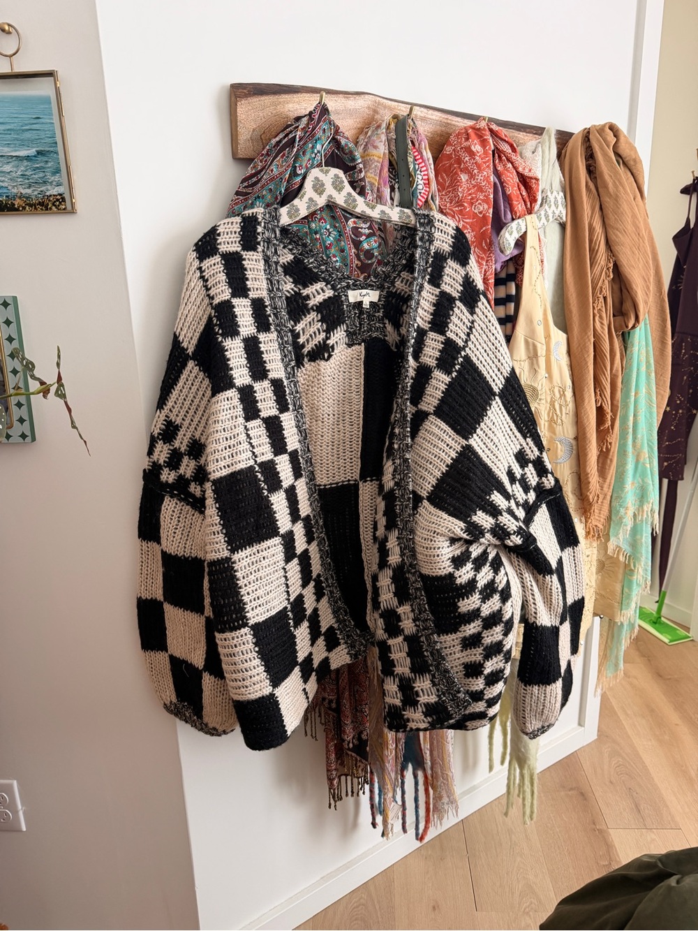 Open-Front Black and Cream Checkered Knit Cardigan